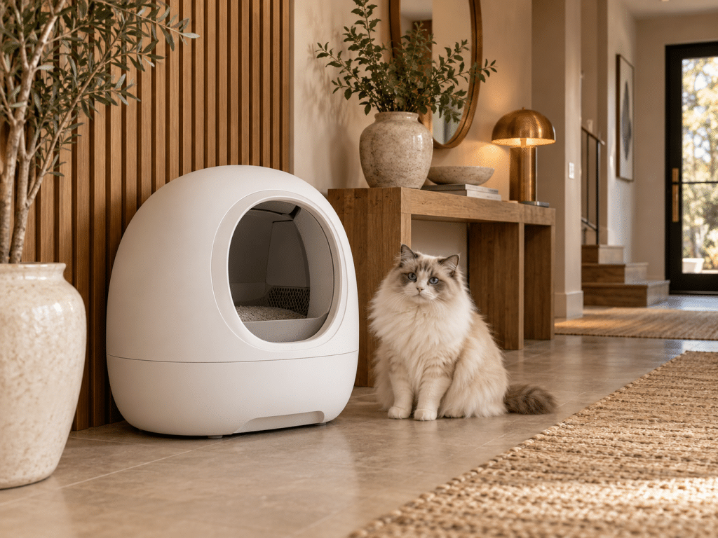 Litière automatique chat installée dans une entrée élégante avec un chat à poils longs