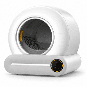 Litière automatique connectée 65 L blanche vue de trois quarts sur fond blanc