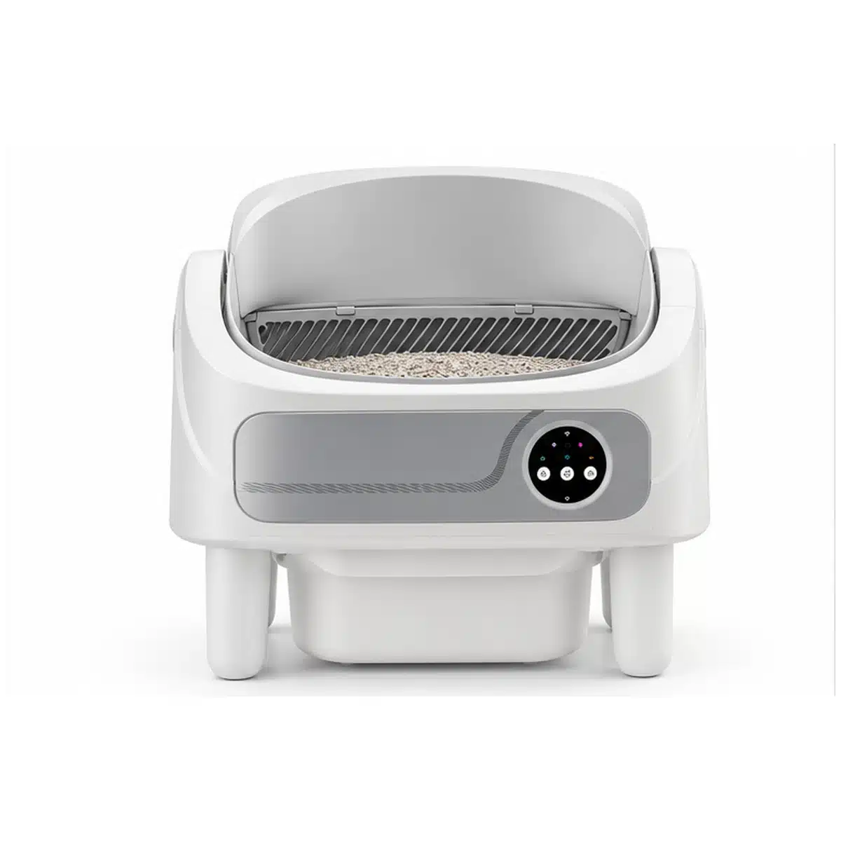 Litière automatique ouverte autonettoyante 75 L blanche et grise vue de face sur fond blanc