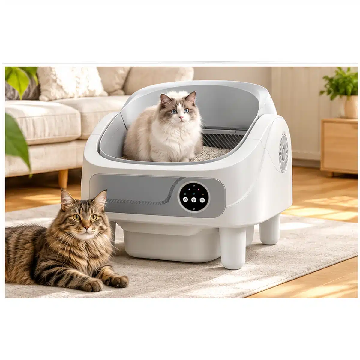 Litière automatique ouverte autonettoyante 75 L dans un salon avec deux chats à proximité