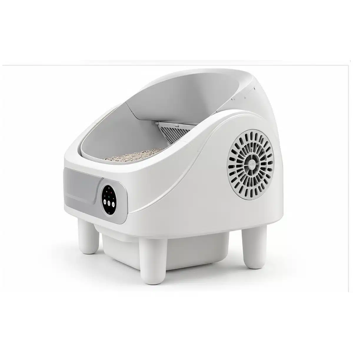 Litière automatique ouverte pour chat vue de profil avec pieds surélevés et mécanisme latéral