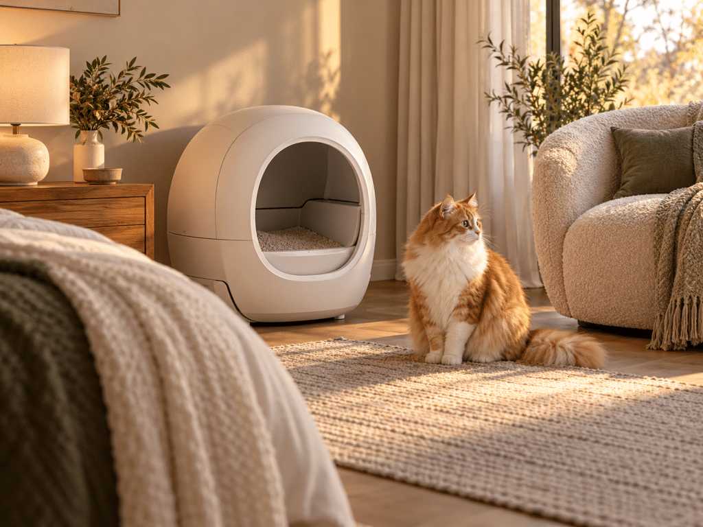 Litière autonettoyante chat au design moderne dans une chambre chaleureuse avec un chat roux
