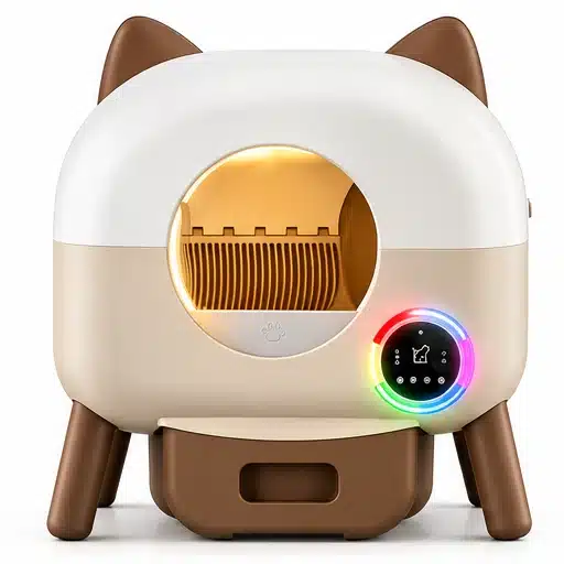 Litière chat design autonettoyante 66 L avec oreilles de chat et éclairage LED sur fond blanc