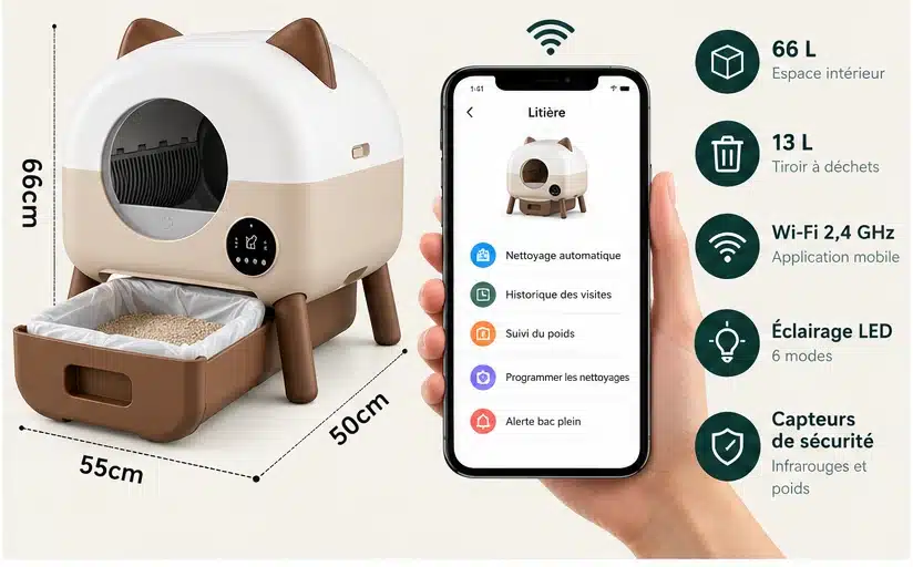 Litière chat design autonettoyante 66 L avec tiroir à déchets amovible et application mobile illustrée