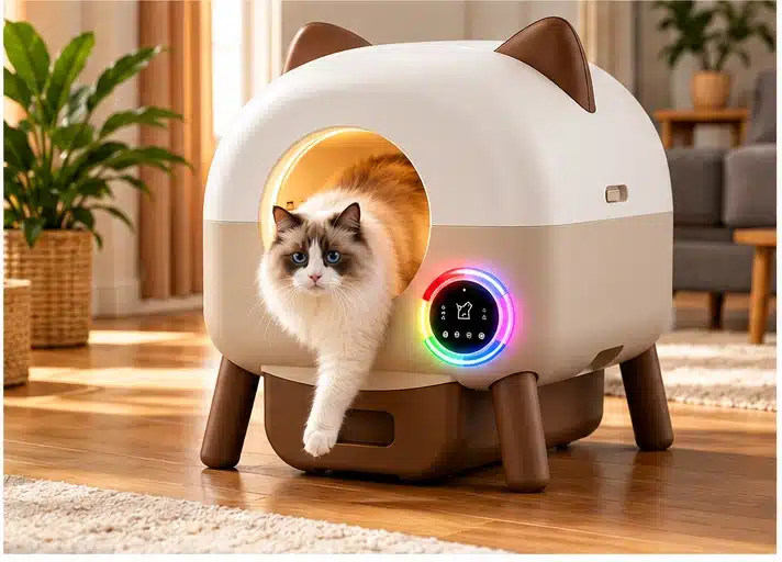 Litière chat design autonettoyante 66 L dans un salon avec un chat sortant du bac