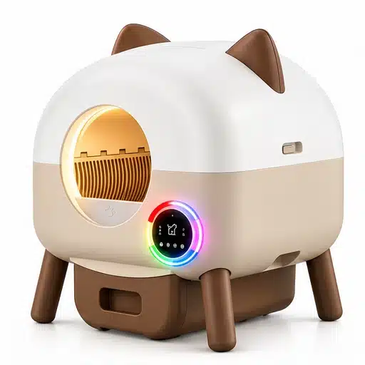 Litière chat design autonettoyante blanche et beige vue de trois quarts avec panneau de commande lumineux