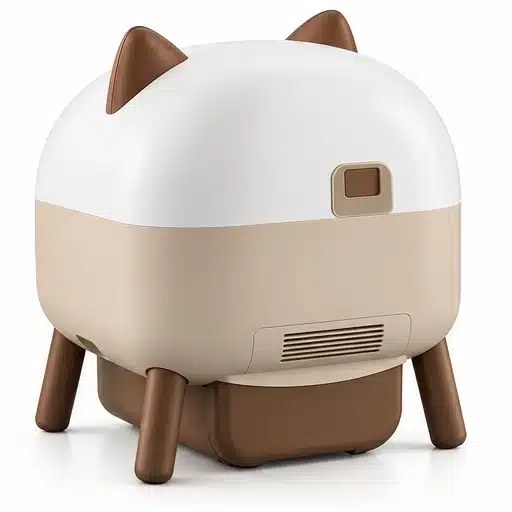 Vue arrière de la litière chat design autonettoyante 66 L avec ses quatre pieds marron